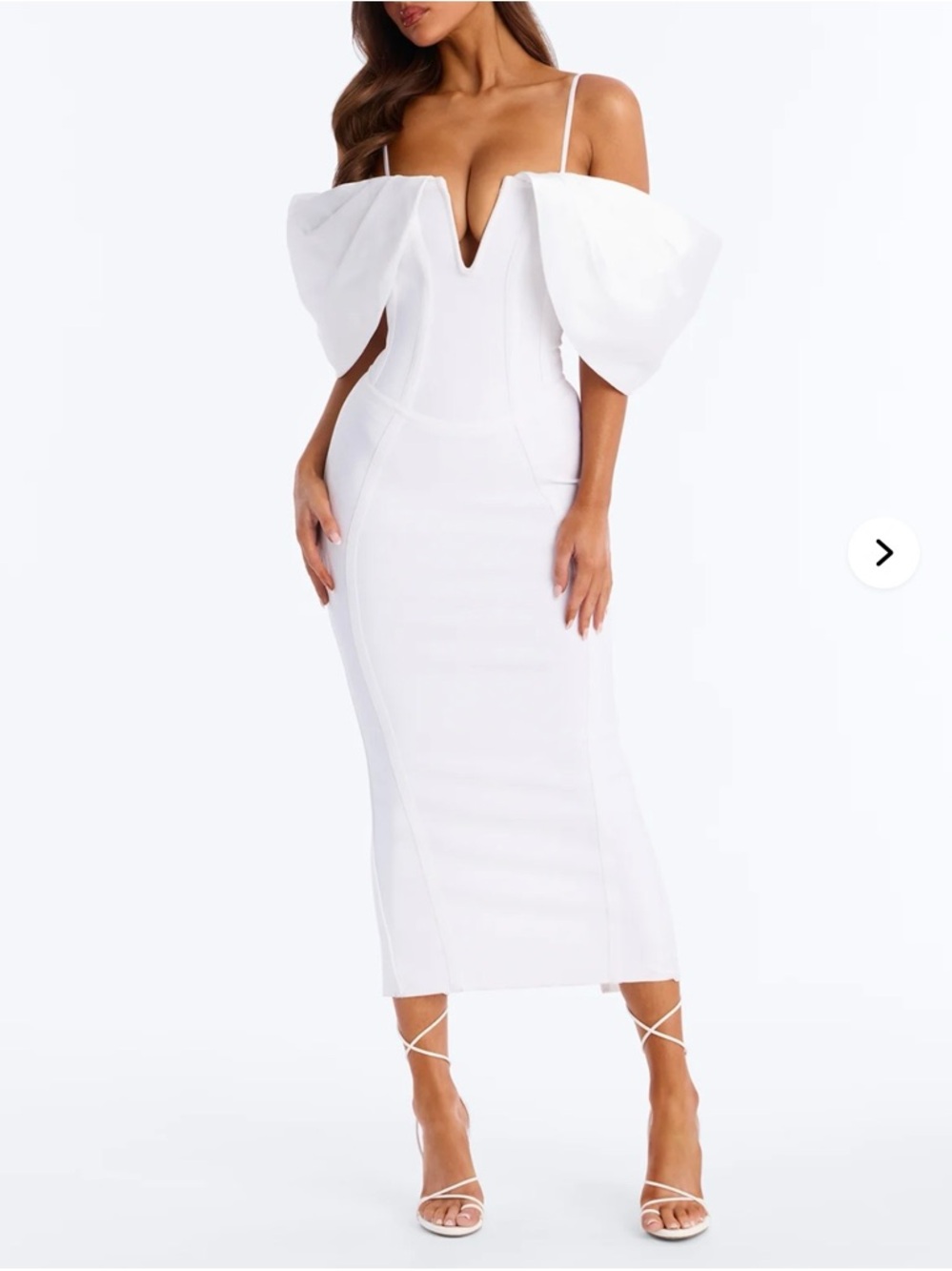 Fashion Nova White Off-Shoulder Midi Dress with Statement Puff Sleeves